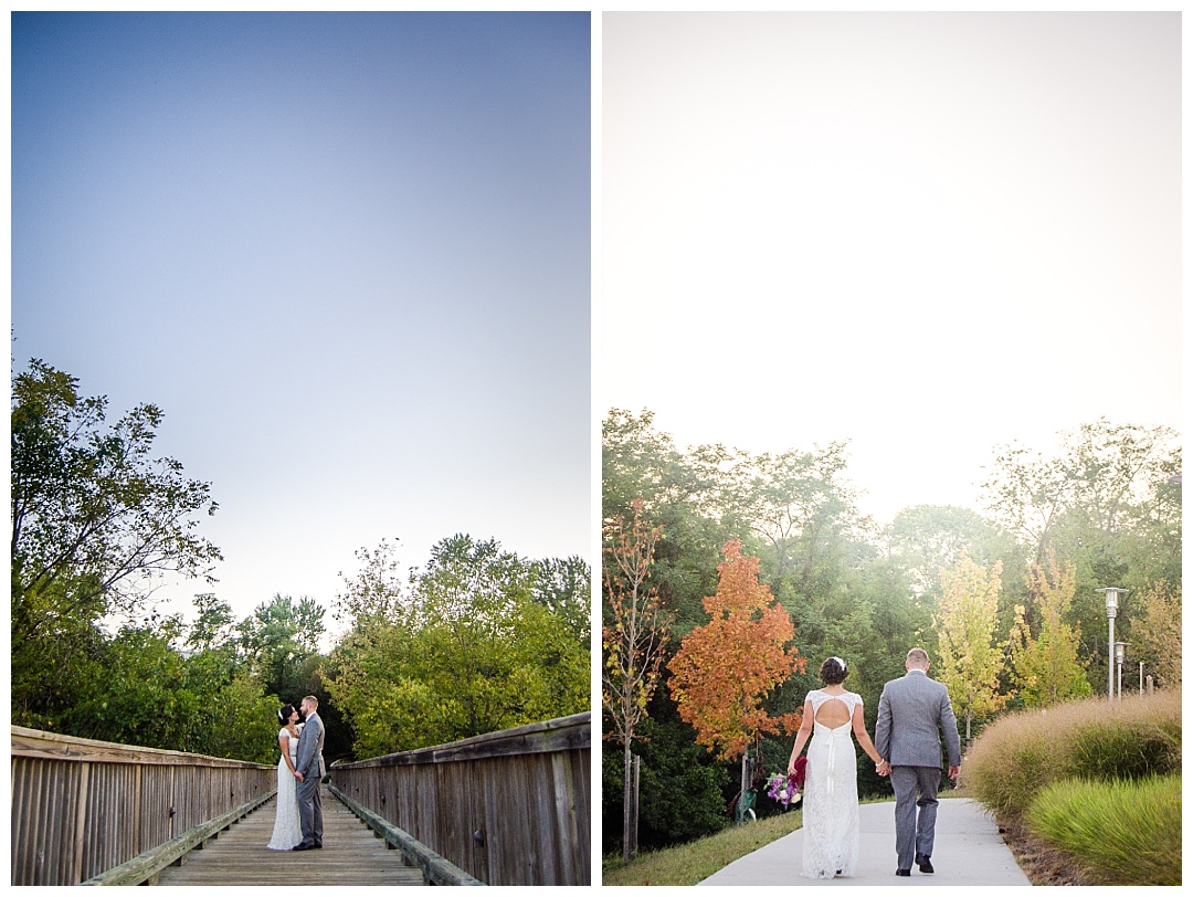 bride and groom on bridge