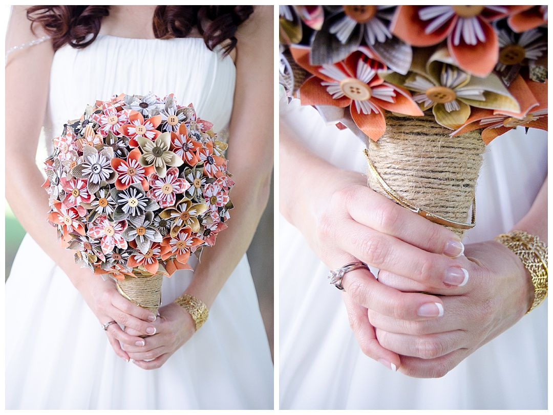 bride with orange paper flower bouquet