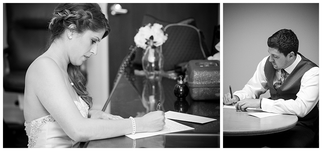 bride and groom writing love letters